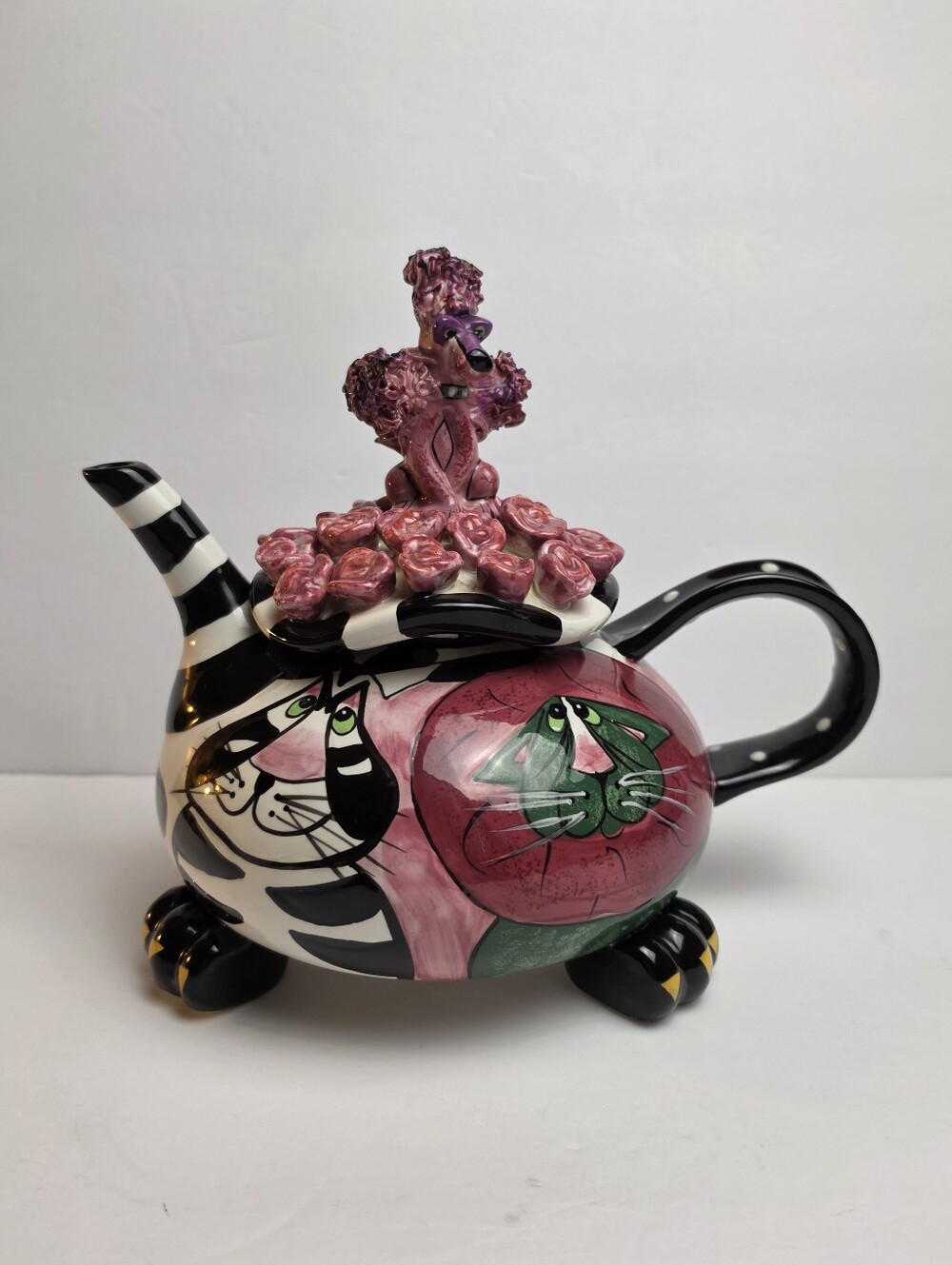 Blue Sky Lynda Corneille Whimsy Teapot Roses Pink Poodle Cats Sealed with a Kiss